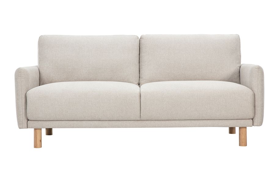 Canapé design 3 places en tissu effet velours texturé beige et bois clair BONO
