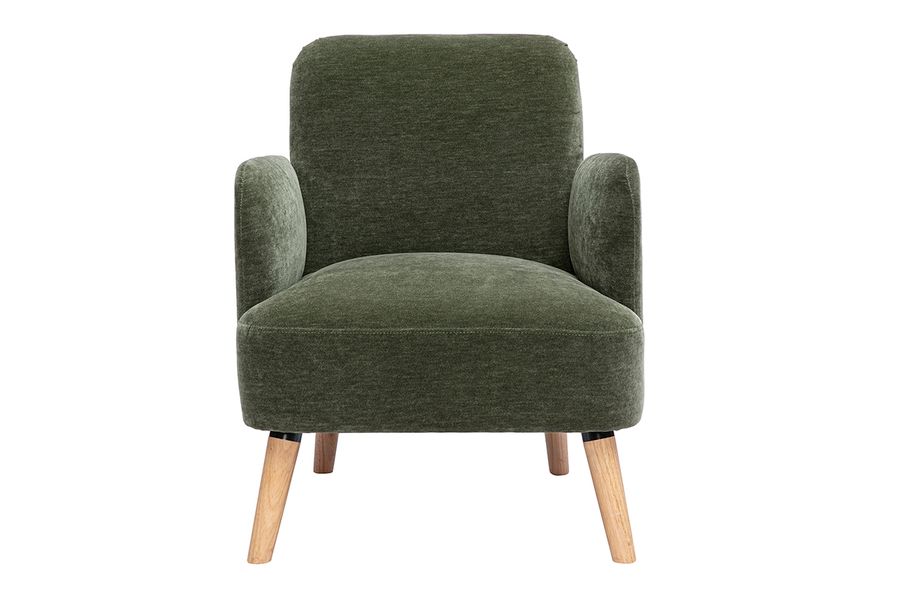 Fauteuil scandinave en tissu effet velours vert kaki et bois clair ISKO