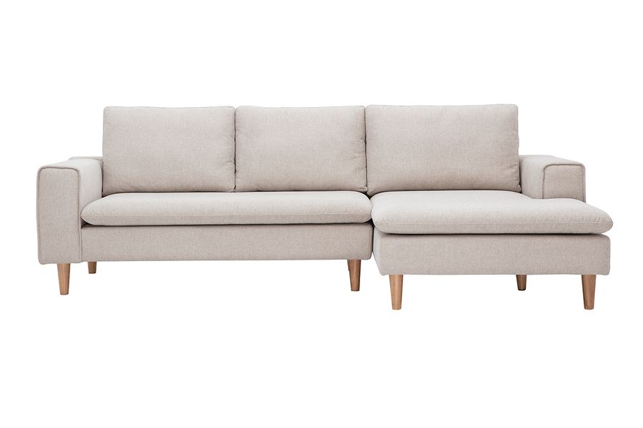 Canapé d'angle droit en tissu effet velours texturé beige et bois clair RAGNAR