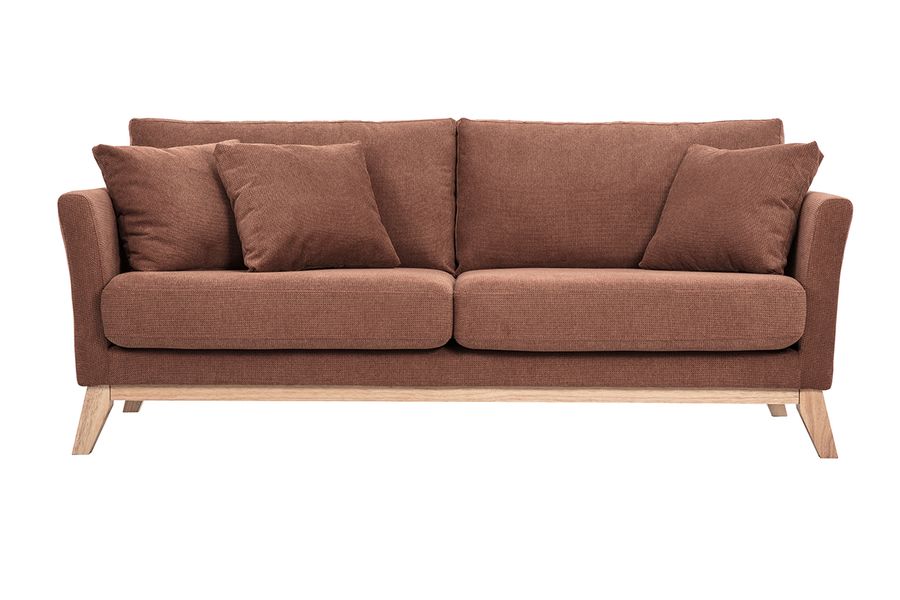 Canapé scandinave déhoussable 3 places en tissu chenille terre brûlée et bois clair OSLO