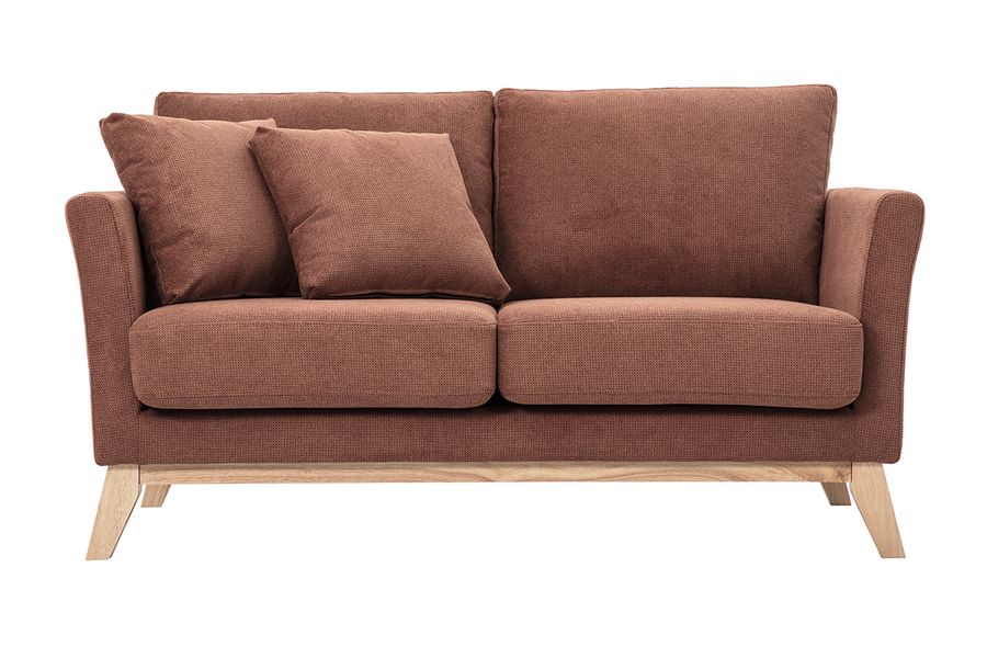 Canapé scandinave déhoussable 2 places en tissu chenille terre brûlée et bois clair OSLO