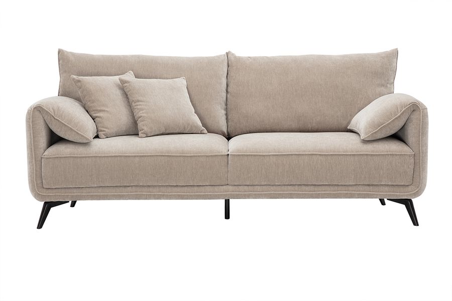 Canapé design 3 places en tissu effet velours taupe et métal noir TANTOR