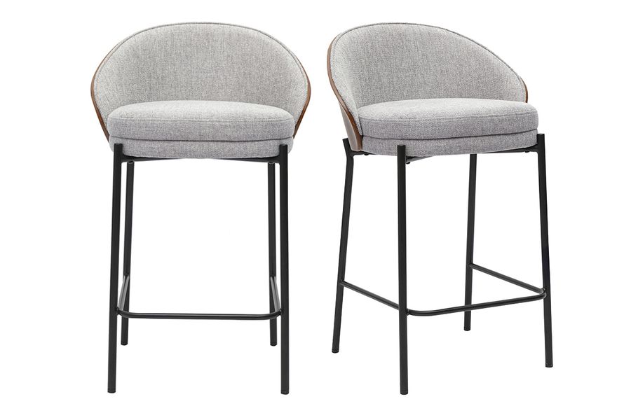 Tabourets de bar en tissu effet velours texturé gris, bois foncé et métal H65 cm (lot de 2) TUCSON