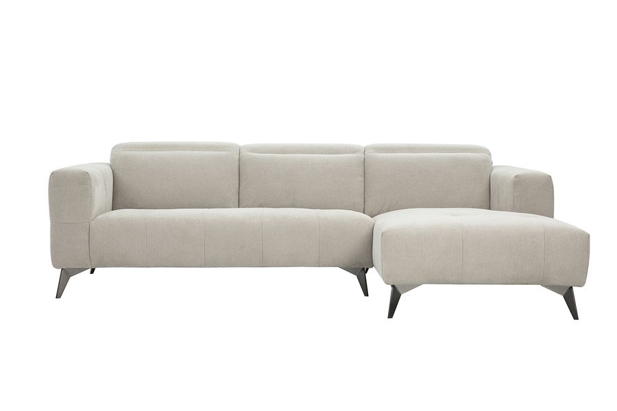 Canapé d'angle droit 3 places avec têtières ajustables en tissu chenille beige et métal NORELL