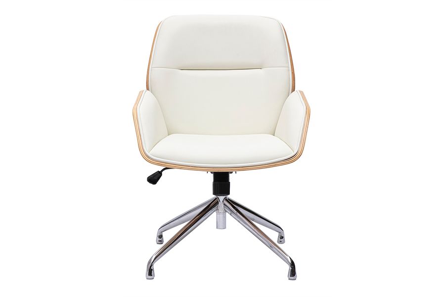 Chaise de bureau design pivotante 360° blanche, bois clair et métal chromé MARLOW