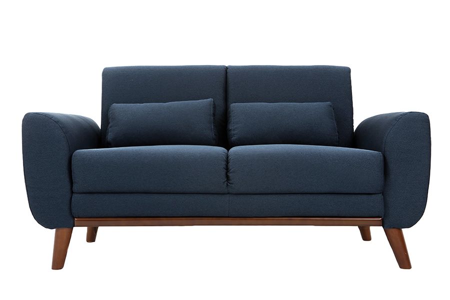 Divano design 2 posti tessuto blu e piedi noce EKTOR