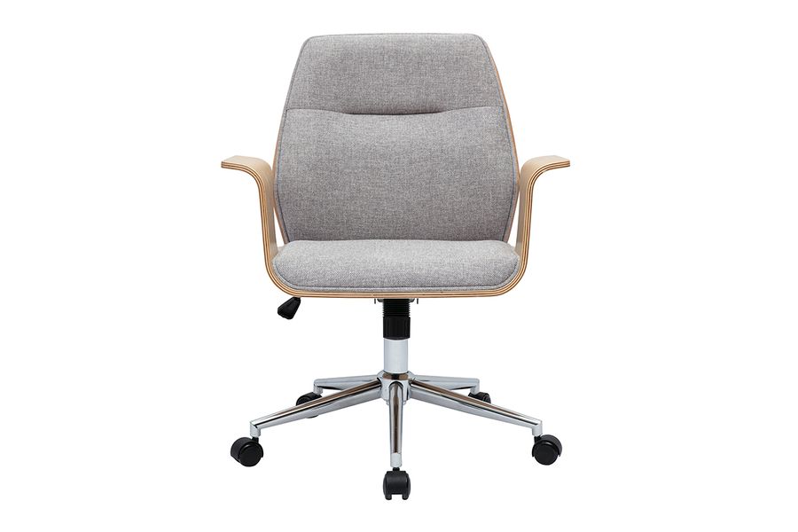 Chaise de bureau à roulettes design en tissu effet velours texturé gris, bois clair et acier chromé RUFIN