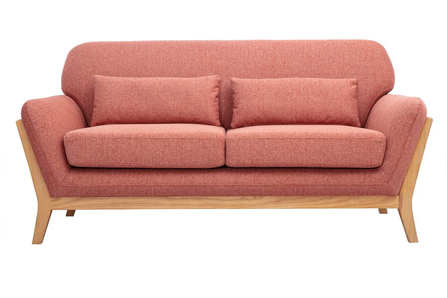 Canapé scandinave 2 places en tissu effet velours texturé terracotta et bois clair YOKO