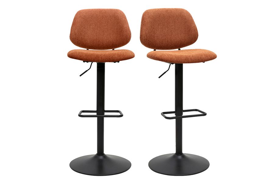Tabourets de bar relevables design en tissu effet velours texturé terre brûlée et métal noir BARNET (lot de 2)