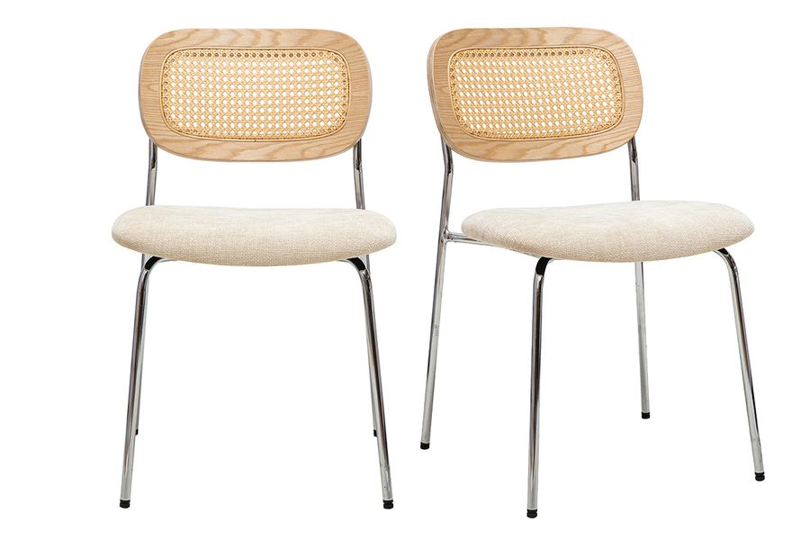 Stoffdesign-Stühle in beige Samtoptik, Chrommetall und Rattangeflecht (2er-Set) MIRANDA