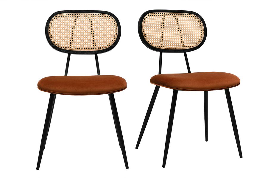 Sedie design in velluto terra bruciata, metallo nero e intreccio di rattan (set di 2) SWANN