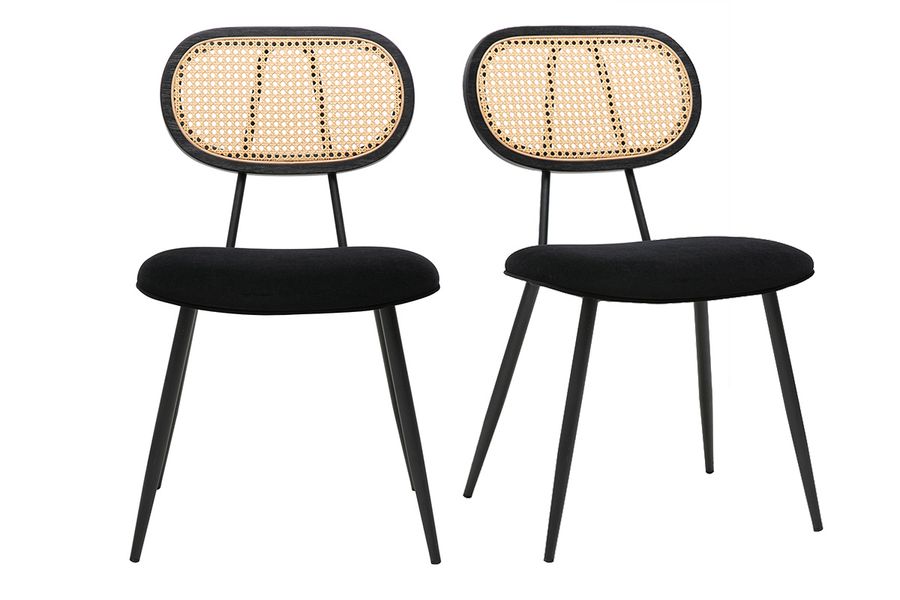 Sedie di design nere in velluto, metallo e rattan intrecciato (set di 2) SWANN