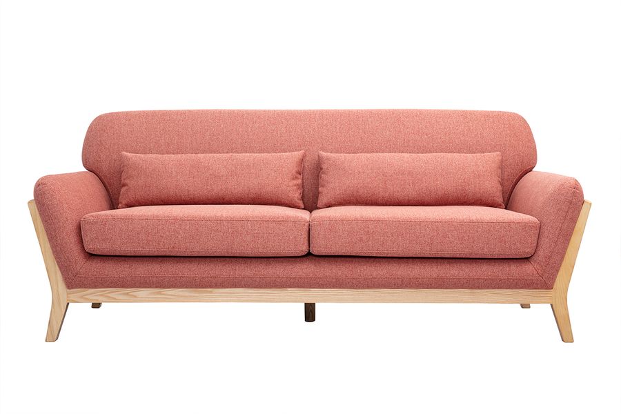 Canapé scandinave 3 places en tissu effet velours texturé terracotta et bois clair YOKO