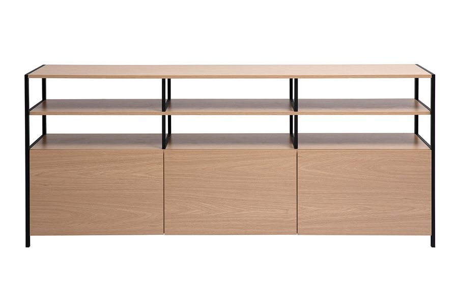Buffet 3 portes finition bois clair chêne et métal noir L180 cm MAXENCE