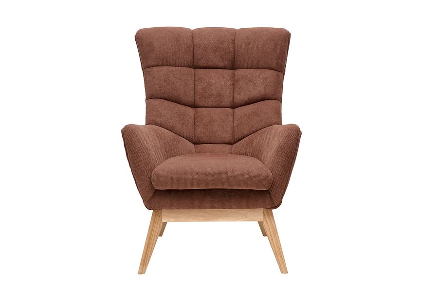 Poltrona scandinava in tessuto ciniglia terra bruciata e legno chiaro BRODY