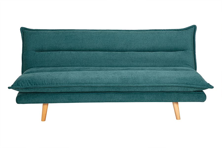 Canapé convertible 3 places en tissu chenille bleu canard et bois clair BINGO