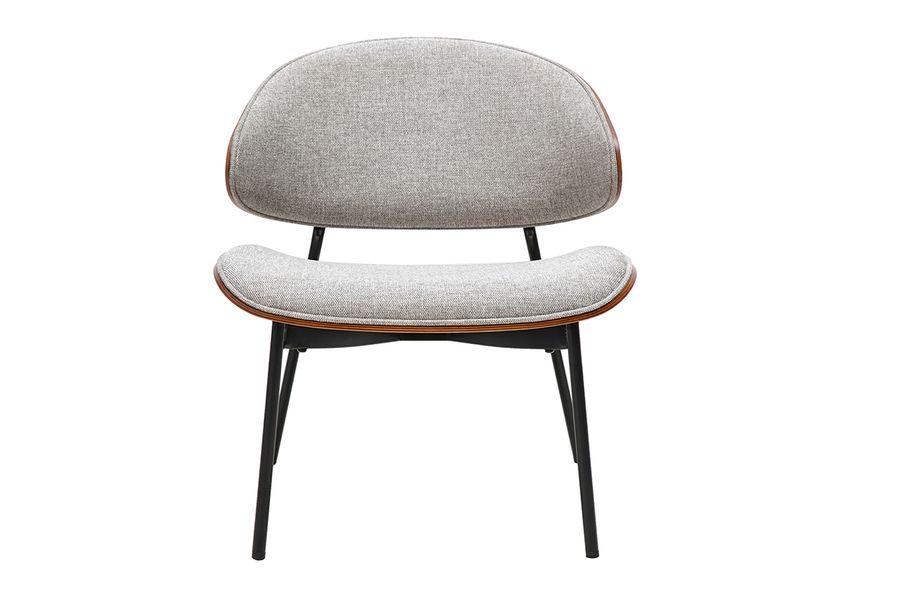 Fauteuil en tissu effet velours texturé gris, bois foncé et métal noir FABULO