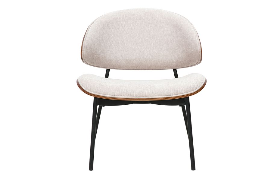 Fauteuil en tissu effet velours texturé beige, bois foncé et métal noir FABULO