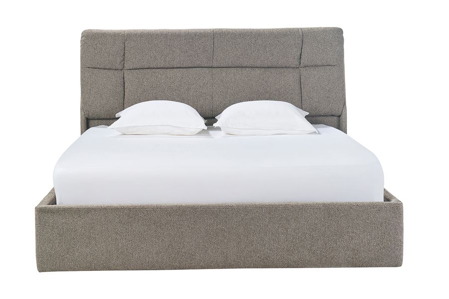 Lit coffre 2 places 160x200 cm en tissu texturé taupe HONO