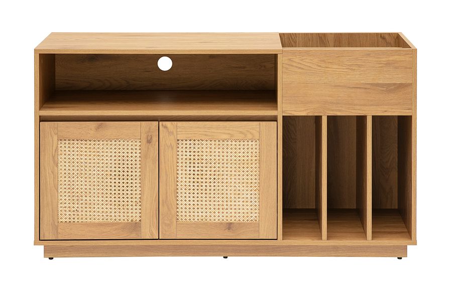 Buffet de rangement vinyles finition bois clair chêne et cannage rotin L130 cm ALICANTE