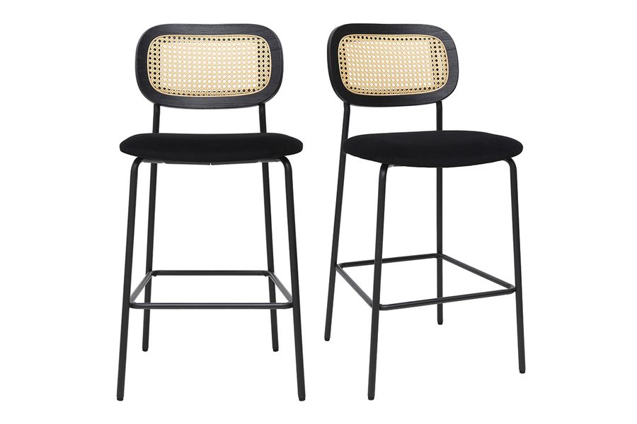 Tabourets design en velours noir, métal noir et cannage rotin (lot de 2) MIRANDA