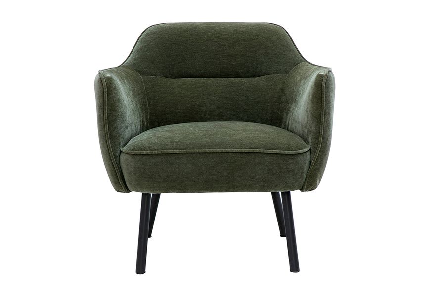 Fauteuil design en tissu effet velours vert kaki et métal noir LAURENS