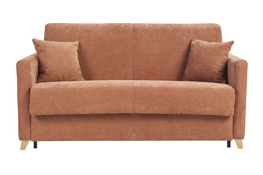 Divano letto 3 posti in tessuto effetto velluto terra bruciata e legno chiaro con materasso 18 cm SKANDY