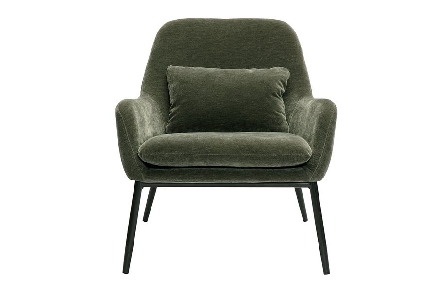 Poltrona design in tessuto effetto velluto verde cachi e metallo nero MAXINE