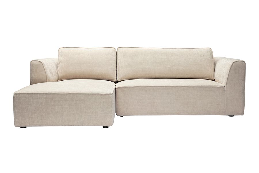Canapé d'angle gauche design en tissu effet velours texturé beige 3 places GRAMMY