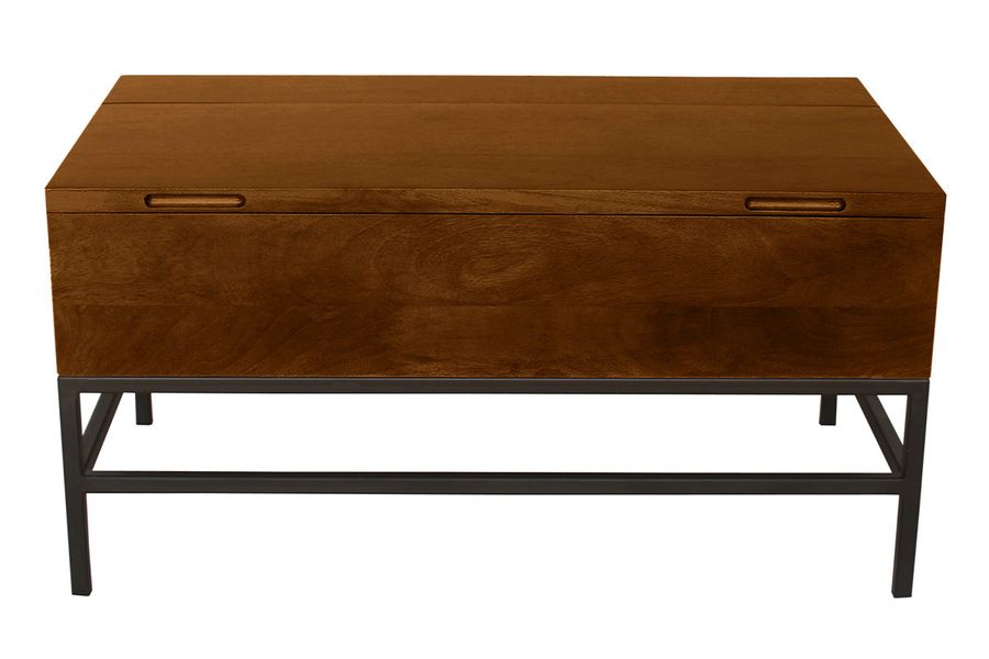 Table basse relevable industrielle bois manguier massif teinté et métal noir L90 cm YPSTER
