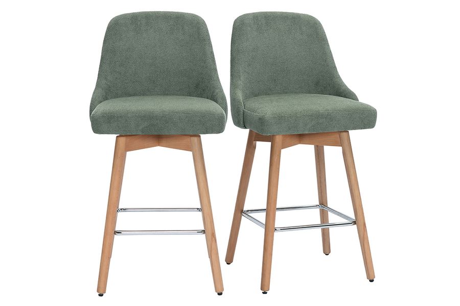 Tabourets de bar scandinaves pivotants 360° en tissu chenille vert kaki et bois hêtre massif H65 cm (lot de 2) HASTA