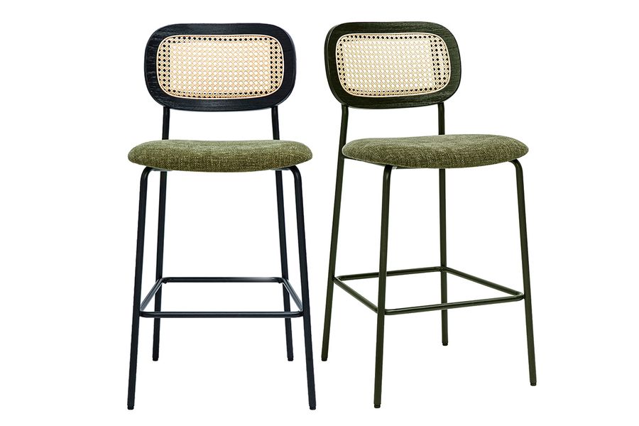 Tabourets design en tissu effet velours texturé vert kaki, métal noir et cannage rotin (lot de 2) MIRANDA