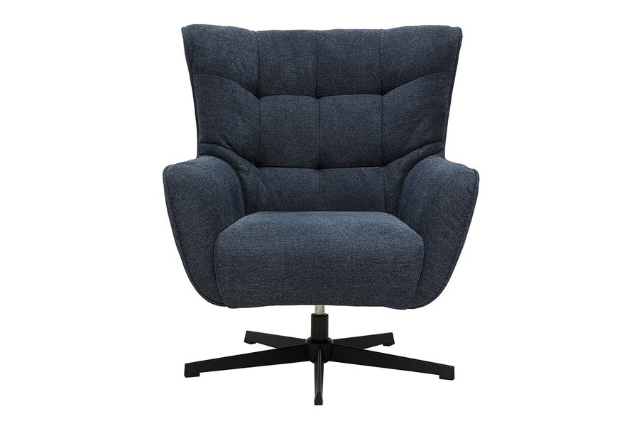 Fauteuil scandinave pivotant en tissu effet velours texturé bleu foncé et métal AVERY