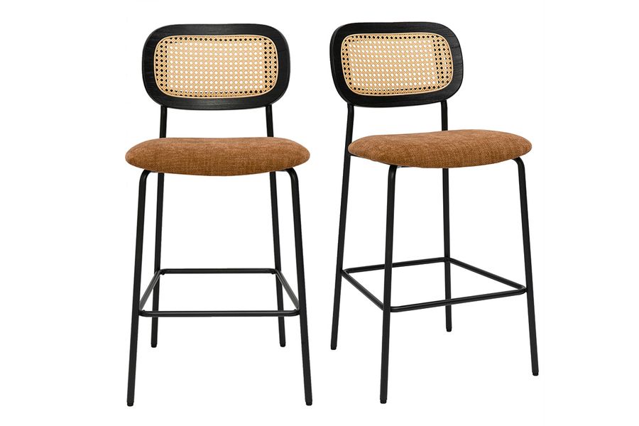 Tabourets design en tissu effet velours texturé terre brulée, métal noir et cannage rotin (lot de 2) MIRANDA