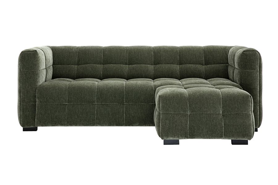 Divano design 3 posti e poggiapiedi in tessuto effetto velluto verde kaki CORTO