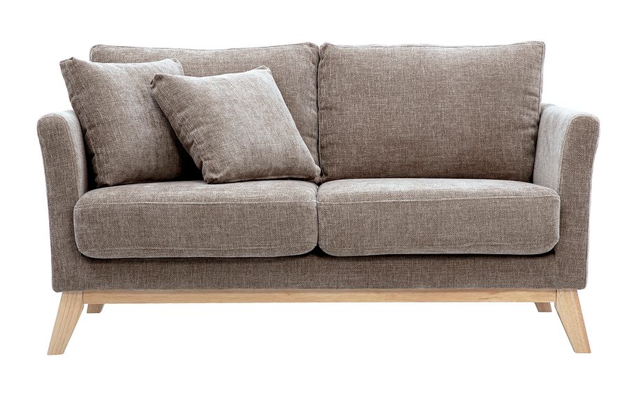 Canapé scandinave déhoussable 2 places en tissu effet velours texturé taupe et bois clair OSLO