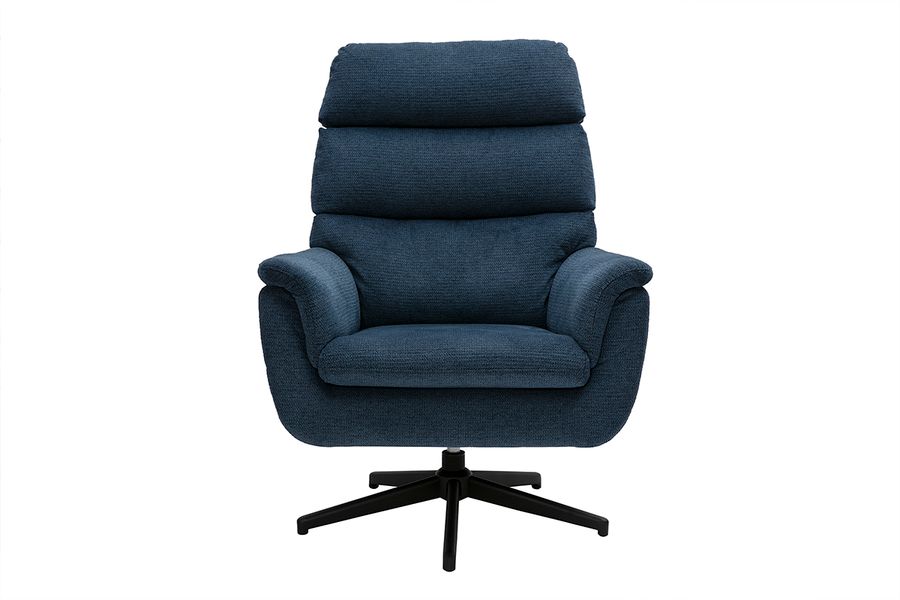 Poltrona girevole in tessuto chenille blu scuro e metallo nero JONAH