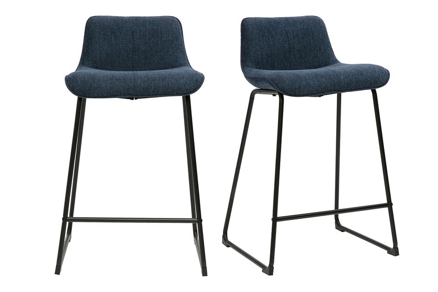 Barhocker aus dunkelblauem samtigem Stoff mit texturiertem Effekt und Metall H65 cm (2er-Set) BOOST