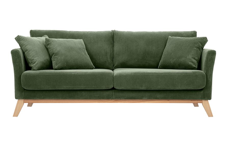 Canapé scandinave déhoussable 3 places en tissu velours côtelé vert kaki et bois clair OSLO