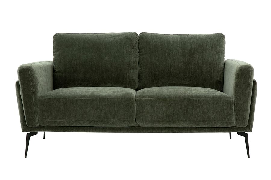 Divano design 2 posti in tessuto effetto velluto verde cachi e metallo nero MOSCO