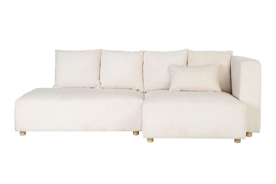Divano ad angolo destro 3 posti in tessuto velluto a coste beige e legno chiaro HARLEM