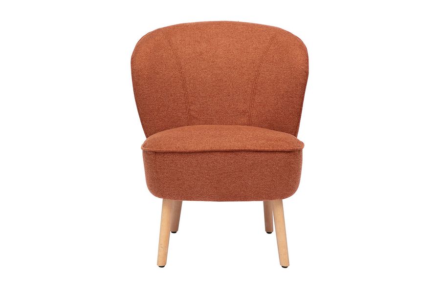 Fauteuil scandinave en tissu effet velours texturé terre brûlée et bois clair AMANITA
