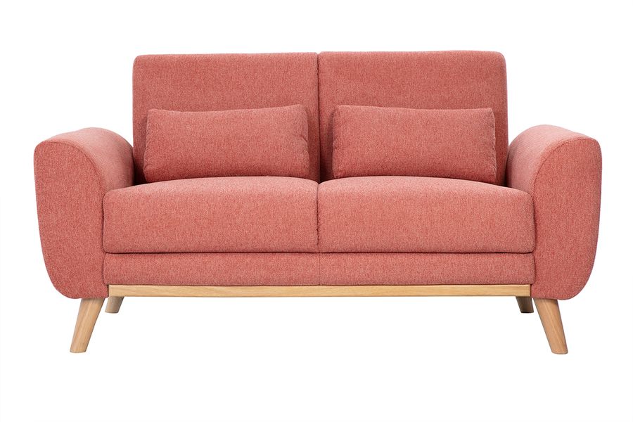 Canapé scandinave 2 places en tissu effet velours texturé terracotta et bois clair EKTOR