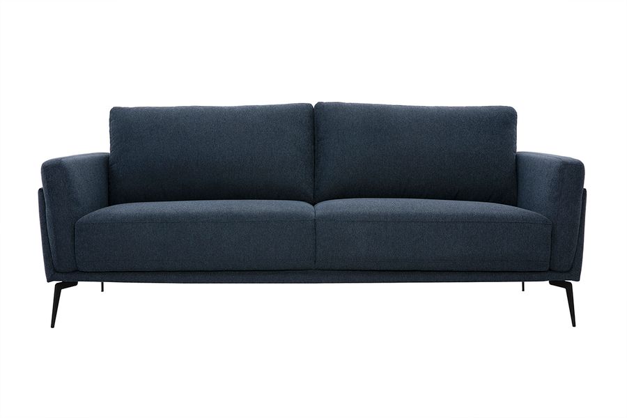 Divano moderno a 3 posti in tessuto effetto velluto blu scuro e metallo nero MOSCO