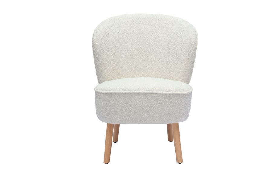 Poltrona scandinava in tessuto effetto lana bouclée bianco e legno chiaro AMANITA