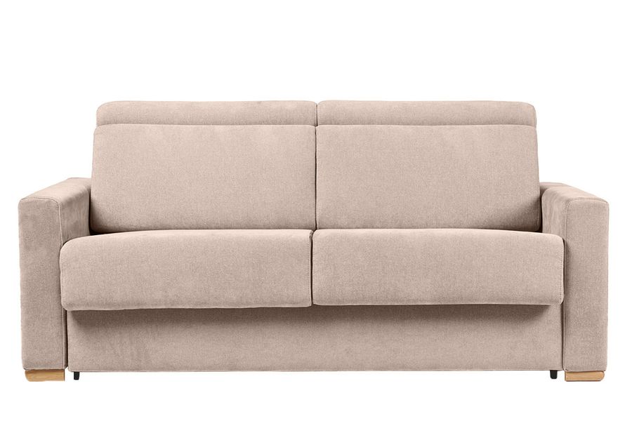 Schlafsofa mit verstellbaren Kopfstützen für 3 Personen in beige-samtigem Effektgewebe mit einer Matratze von 18 cm NORO