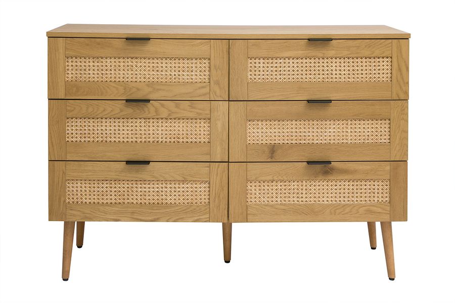 Comò finitura legno chiaro, intreccio in rattan e metallo nero 6 cassetti L120 cm MANILLE