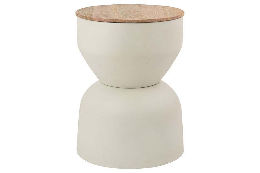 Mesa auxiliar redonda de diseño con almacenamiento en metal beige y madera maciza de mango Ø 30 cm YOYO