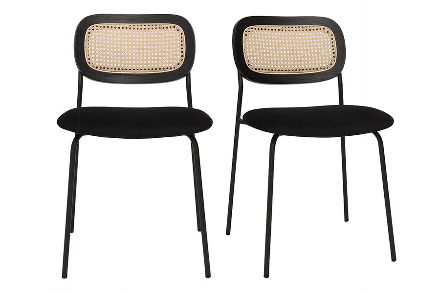 Sillas de diseño de terciopelo negro, metal negro y caña de ratán (juego de 2) MIRANDA