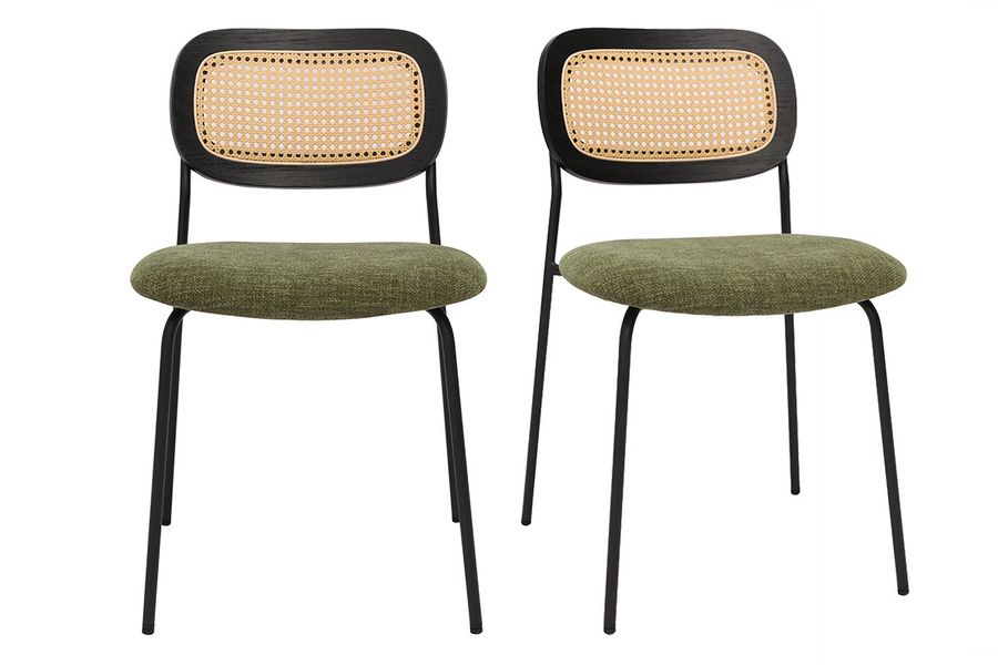 Sillas de diseño de terciopelo texturizado verde caqui, metal negro y rejilla de ratán (juego de 2) MIRANDA